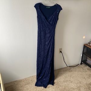 Navy sequin lace full length dress
